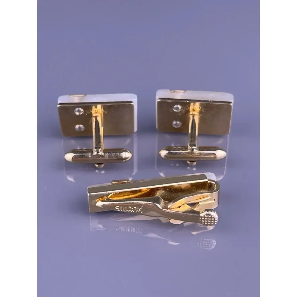 White Acrylic Pearlescent Cufflinks Tie Clip Bar Gold Tone Scrolls Swank Vintage